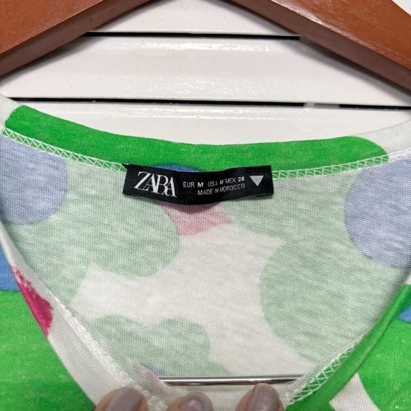 Zara Cotton Green and White Short Sleeve T-Shirt with Floral Pattern Size M - Picture 3 of 5